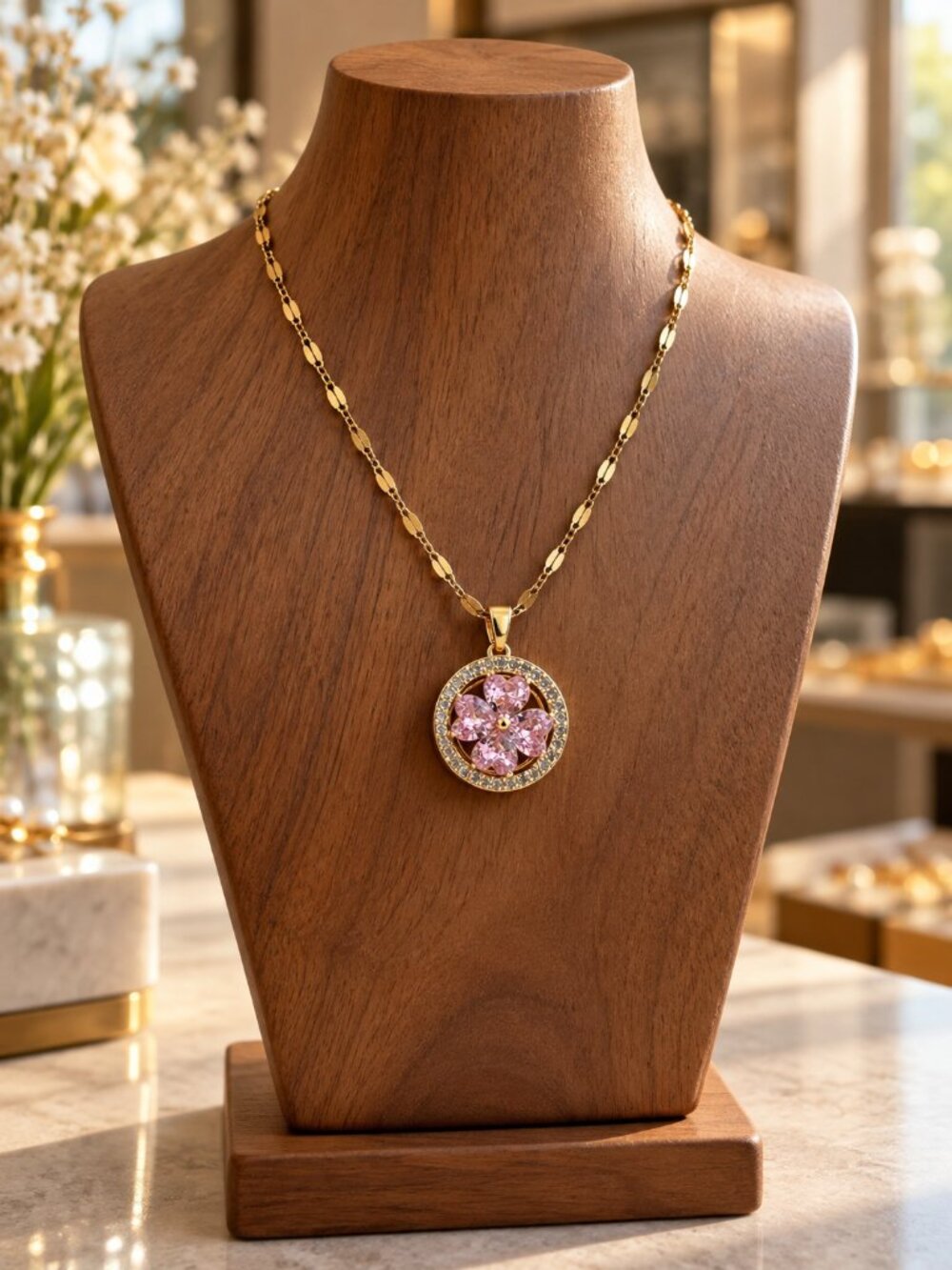 Spinning Pendant Necklace Pink Flower Crystal Gold Tone Chain